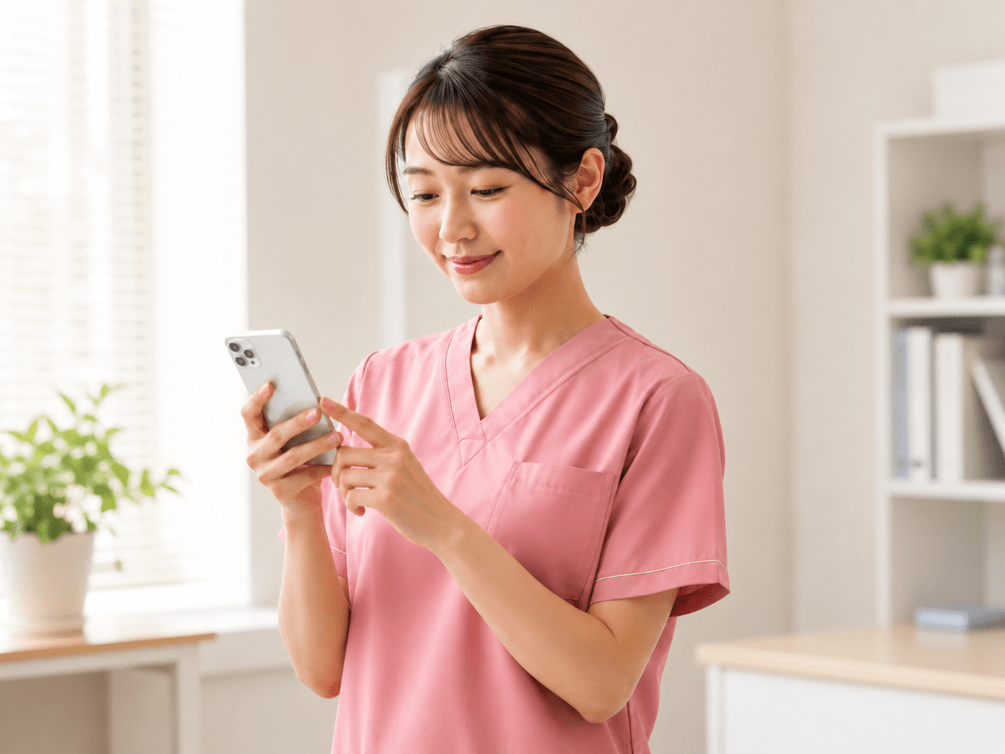 スマホでほーぷちゃんと話す看護師